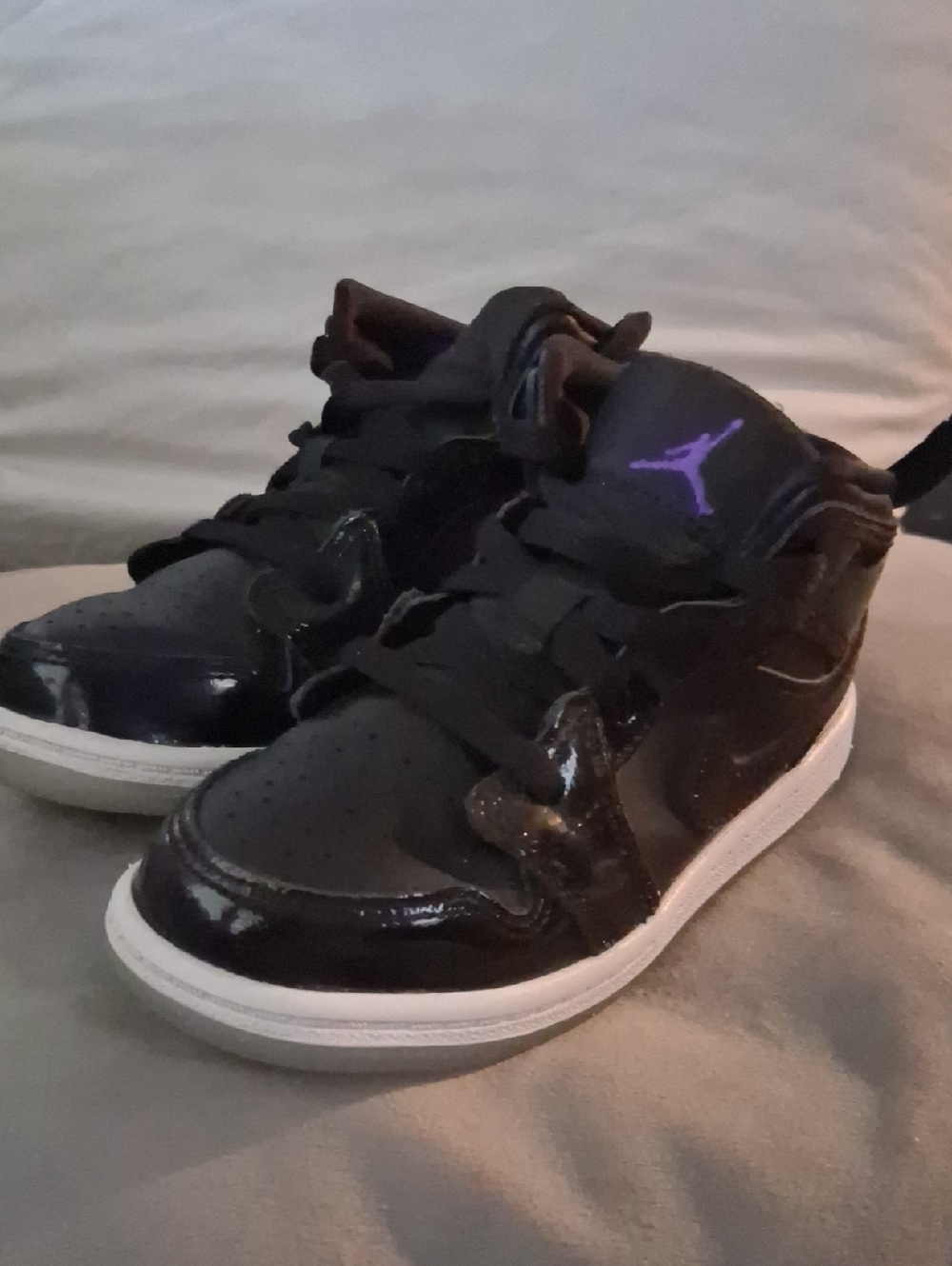 Jordan Black Patent High-Top Sneakers with Purple Jumpman